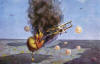 Leutnant Büttner bringt, nur 500 Meter über dem Feind, eien der wenigen französischen Kugel-Fesselballons aus nächster Nähe mittels Signalpistole zur Explosion.